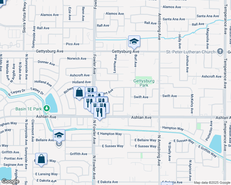map of restaurants, bars, coffee shops, grocery stores, and more near 1965 Swift Avenue in Clovis