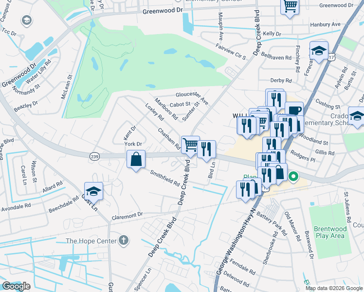 map of restaurants, bars, coffee shops, grocery stores, and more near 4832E Deep Creek Boulevard in Portsmouth