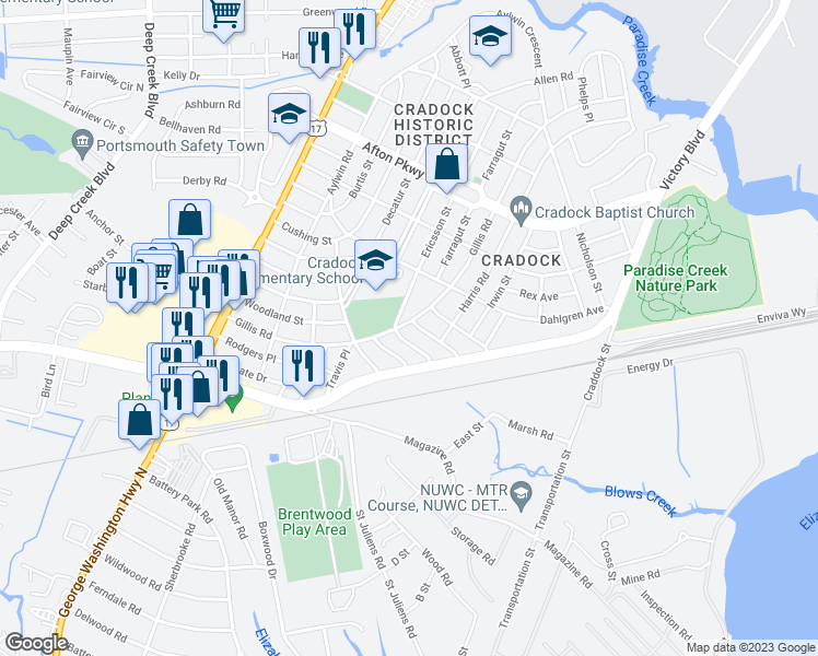 map of restaurants, bars, coffee shops, grocery stores, and more near 1 Worden Place in Portsmouth