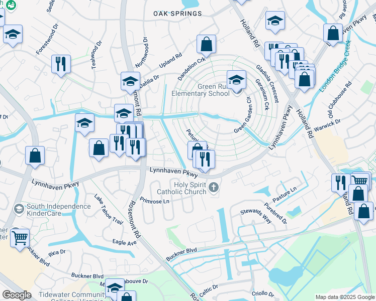 map of restaurants, bars, coffee shops, grocery stores, and more near 3529 Poppy Crescent in Virginia Beach