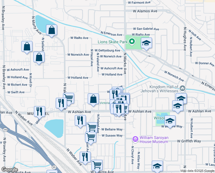 map of restaurants, bars, coffee shops, grocery stores, and more near 3119 West Richert Avenue in Fresno