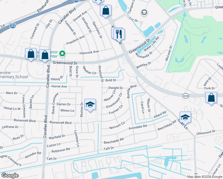 map of restaurants, bars, coffee shops, grocery stores, and more near 503 Carey Circle in Portsmouth