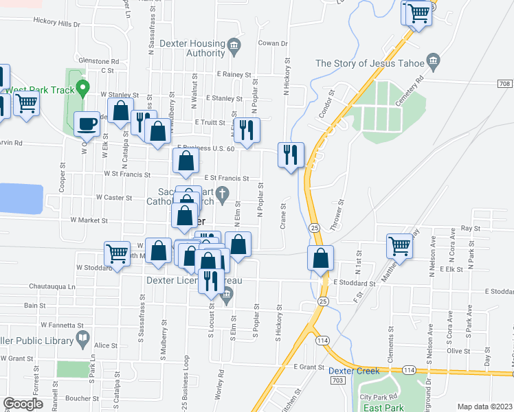 map of restaurants, bars, coffee shops, grocery stores, and more near 220 East Caster Street in Dexter