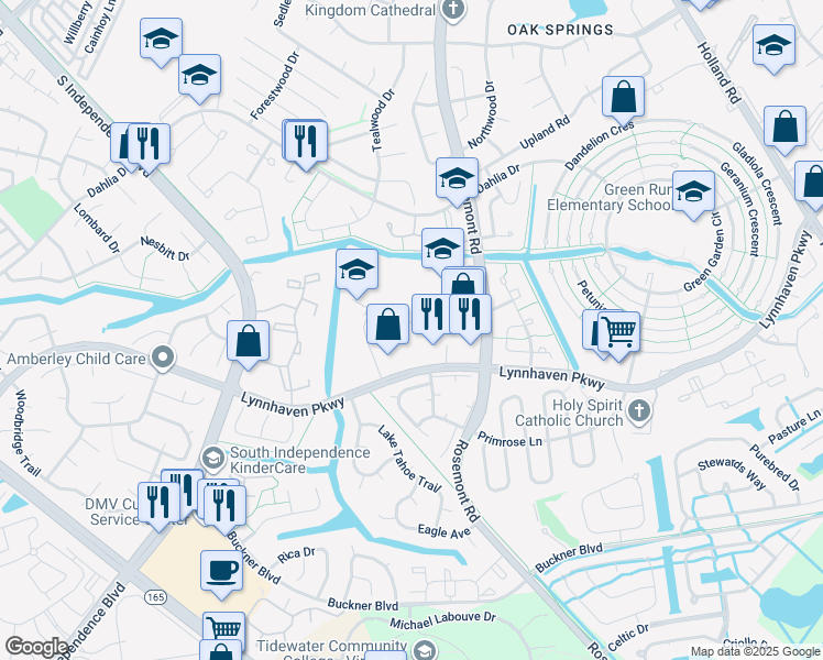 map of restaurants, bars, coffee shops, grocery stores, and more near 1567 Crescent Pointe Lane in Virginia Beach