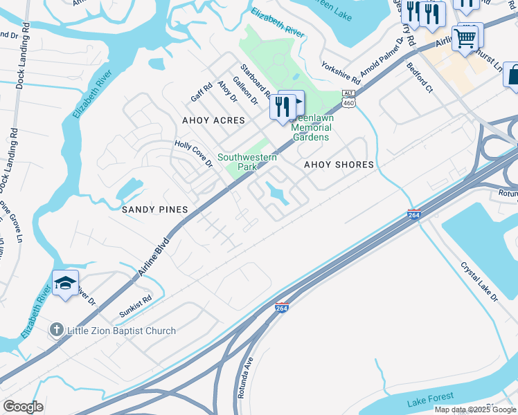 map of restaurants, bars, coffee shops, grocery stores, and more near 3936 River Breeze Circle in Chesapeake