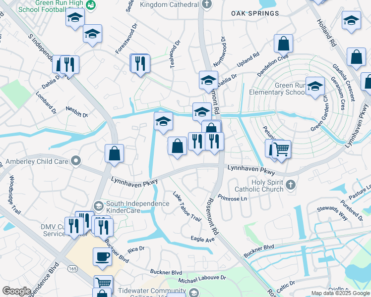 map of restaurants, bars, coffee shops, grocery stores, and more near 1553 Crescent Pointe Lane in Virginia Beach