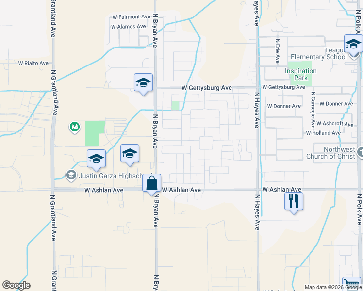 map of restaurants, bars, coffee shops, grocery stores, and more near 4190 North Bryan Avenue in Fresno