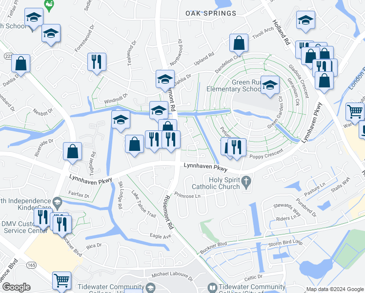map of restaurants, bars, coffee shops, grocery stores, and more near 3557 Sierra Arch in Virginia Beach