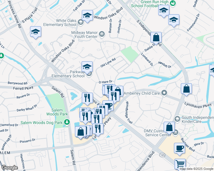 map of restaurants, bars, coffee shops, grocery stores, and more near 1310 Pershing Court in Virginia Beach