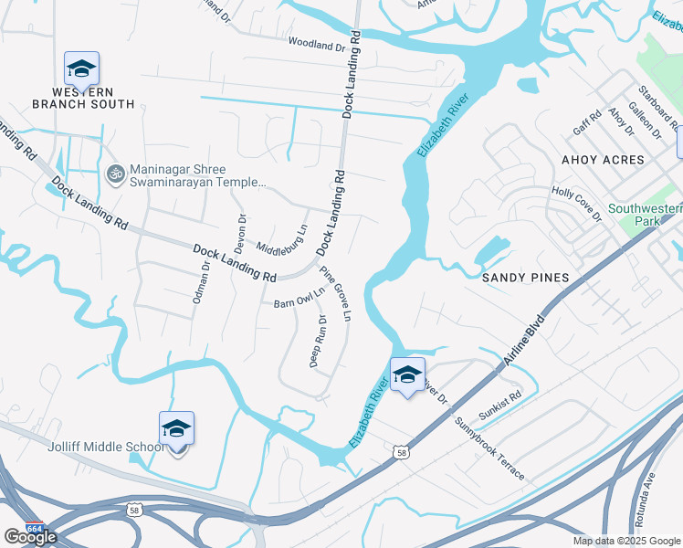 map of restaurants, bars, coffee shops, grocery stores, and more near 1553 Pine Grove Lane in Chesapeake