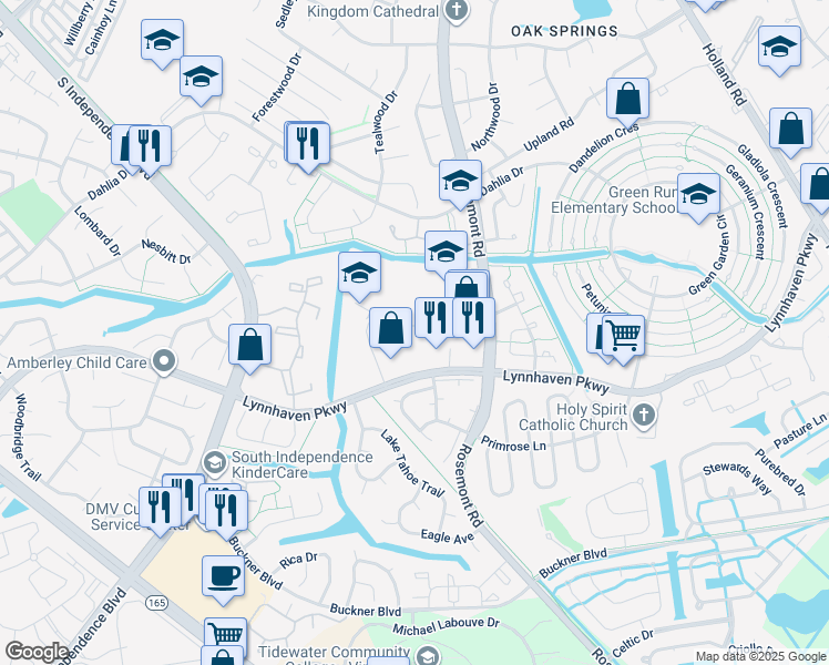 map of restaurants, bars, coffee shops, grocery stores, and more near 1567 Crescent Pointe Lane in Virginia Beach