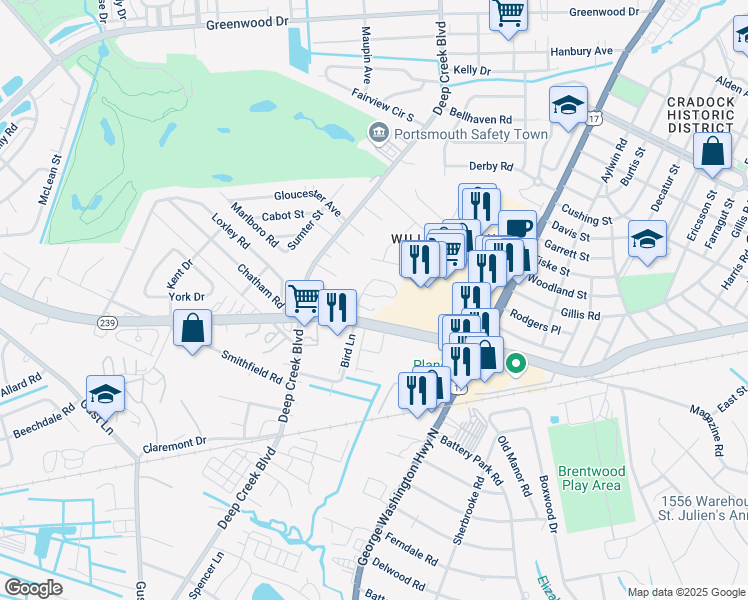 map of restaurants, bars, coffee shops, grocery stores, and more near 2332 Victory Boulevard in Portsmouth