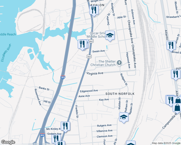map of restaurants, bars, coffee shops, grocery stores, and more near 1107 Virginia Avenue in Chesapeake