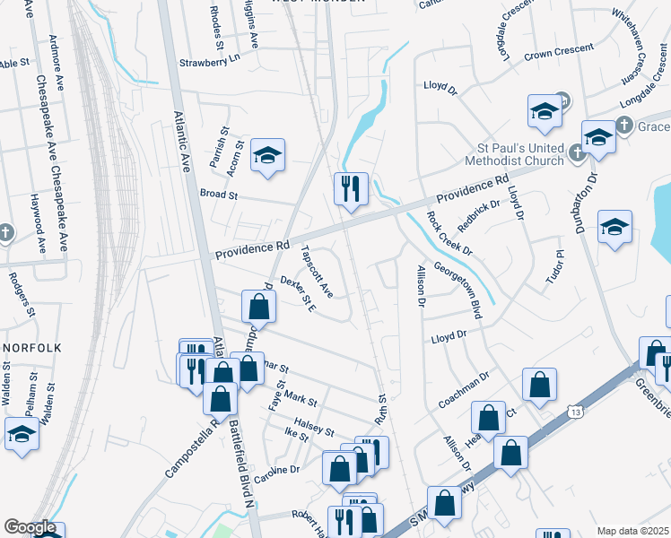 map of restaurants, bars, coffee shops, grocery stores, and more near 332 Dexter Street East in Chesapeake