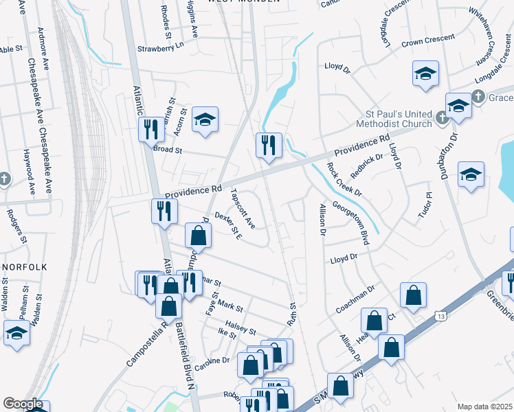 map of restaurants, bars, coffee shops, grocery stores, and more near 332 Dexter Street East in Chesapeake