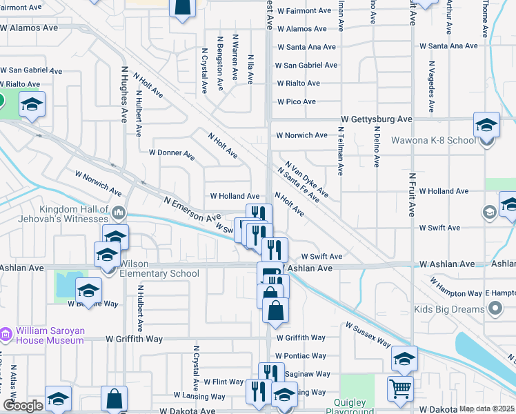 map of restaurants, bars, coffee shops, grocery stores, and more near 4309 North Emerson Avenue in Fresno