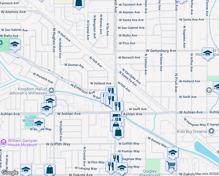 map of restaurants, bars, coffee shops, grocery stores, and more near 4309 North Emerson Avenue in Fresno