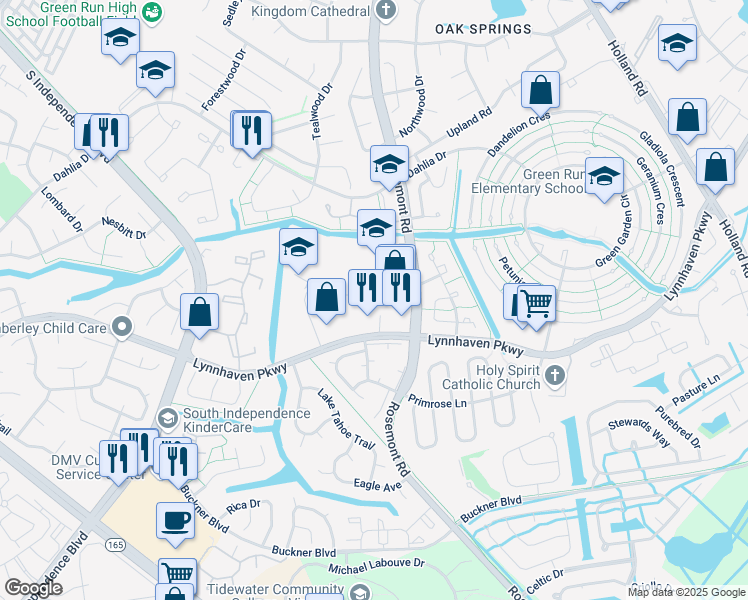 map of restaurants, bars, coffee shops, grocery stores, and more near 1553 Crescent Pointe Lane in Virginia Beach