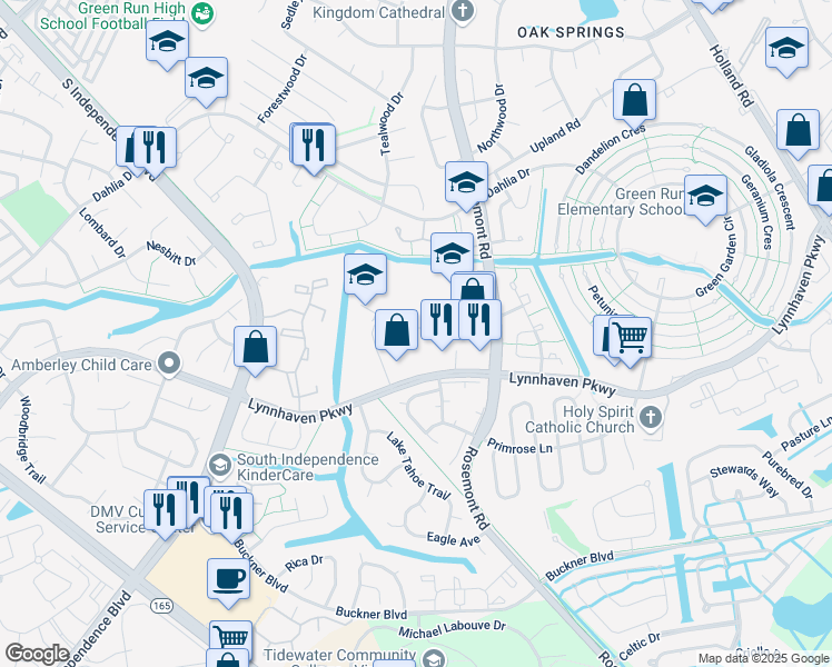 map of restaurants, bars, coffee shops, grocery stores, and more near 1553 Crescent Pointe Lane in Virginia Beach