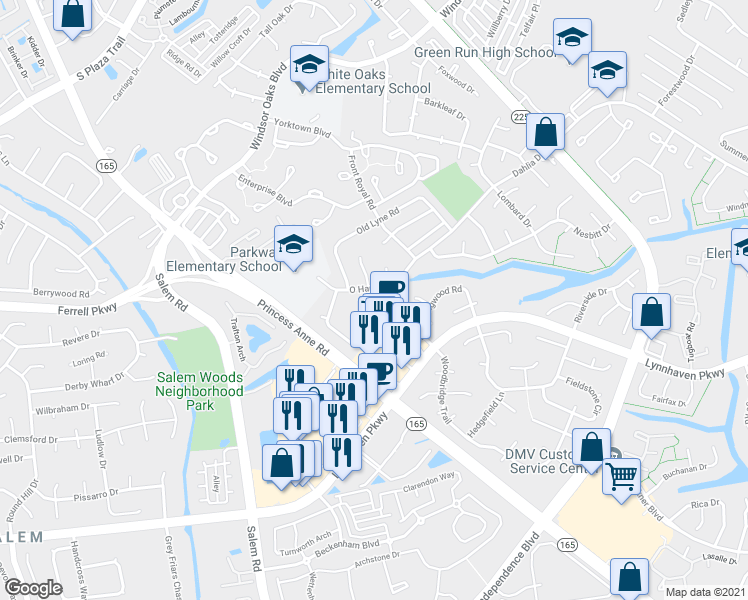 map of restaurants, bars, coffee shops, grocery stores, and more near 1310 Pershing Court in Virginia Beach