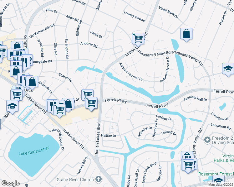 map of restaurants, bars, coffee shops, grocery stores, and more near 1516 Mitcham Court in Virginia Beach
