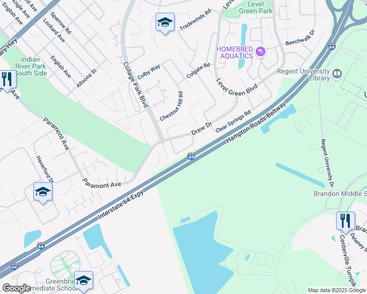 map of restaurants, bars, coffee shops, grocery stores, and more near 1328 Drexel Circle in Virginia Beach