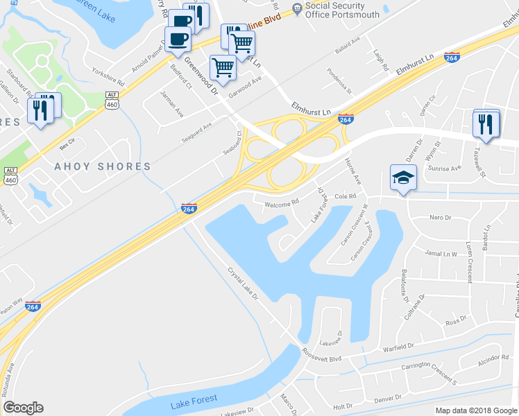 map of restaurants, bars, coffee shops, grocery stores, and more near 1441 Welcome Road in Portsmouth