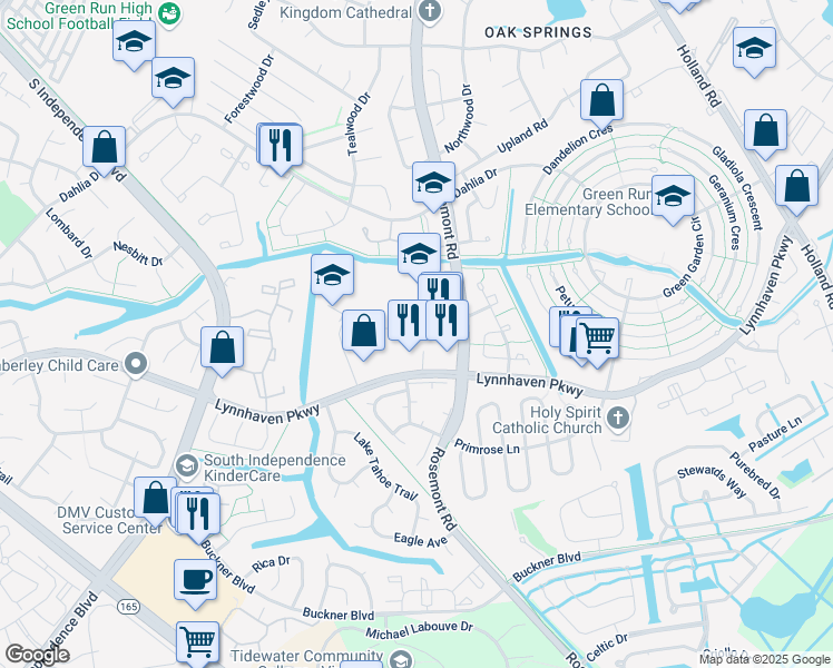 map of restaurants, bars, coffee shops, grocery stores, and more near 1553 Crescent Pointe Lane in Virginia Beach