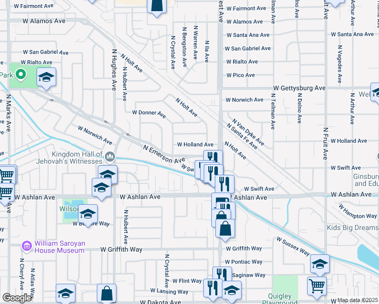 map of restaurants, bars, coffee shops, grocery stores, and more near 4320 North Emerson Avenue in Fresno
