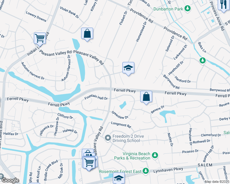 map of restaurants, bars, coffee shops, grocery stores, and more near 1300 Gaineford Court in Virginia Beach
