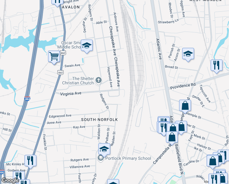 map of restaurants, bars, coffee shops, grocery stores, and more near 1310 Virginia Avenue in Chesapeake