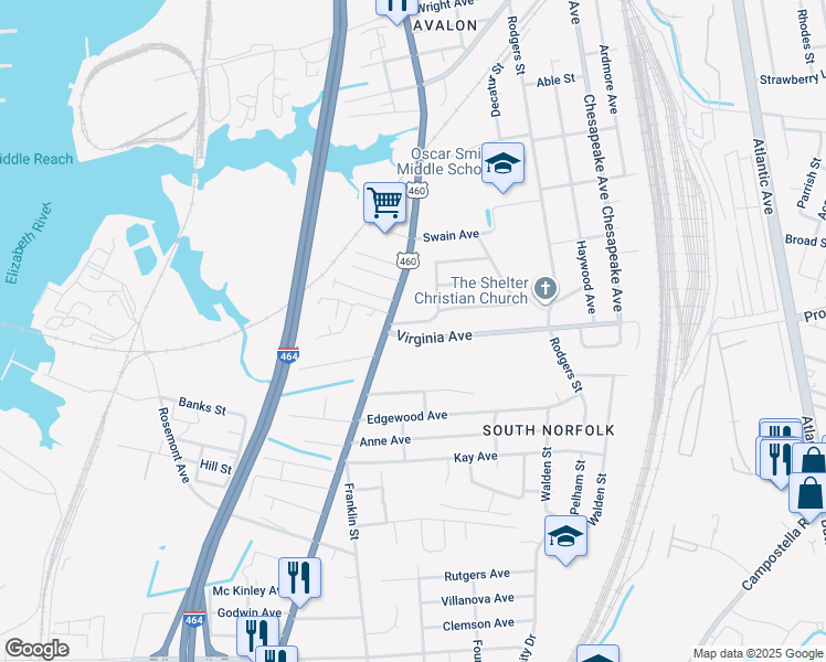 map of restaurants, bars, coffee shops, grocery stores, and more near 1107 Virginia Avenue in Chesapeake
