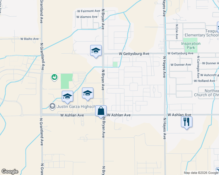 map of restaurants, bars, coffee shops, grocery stores, and more near 4118-4190 North Bryan Avenue in Fresno