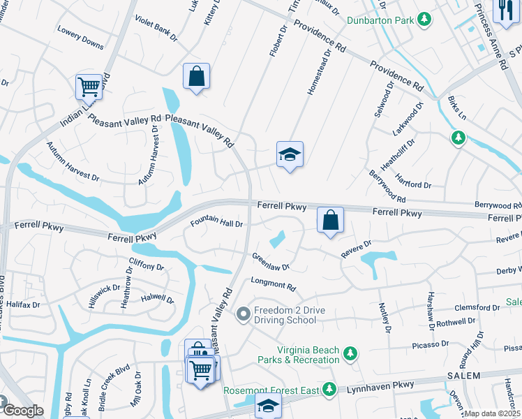 map of restaurants, bars, coffee shops, grocery stores, and more near 1300 Gaineford Court in Virginia Beach