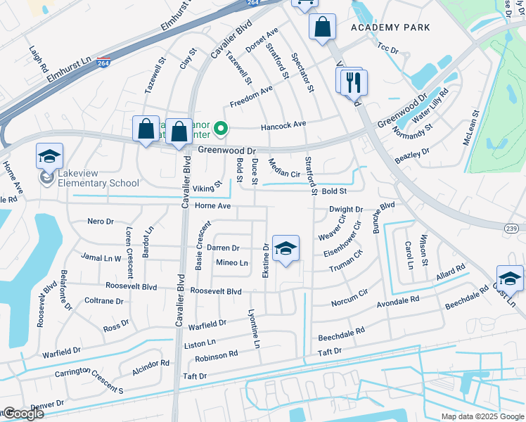 map of restaurants, bars, coffee shops, grocery stores, and more near 901 Horne Avenue in Portsmouth