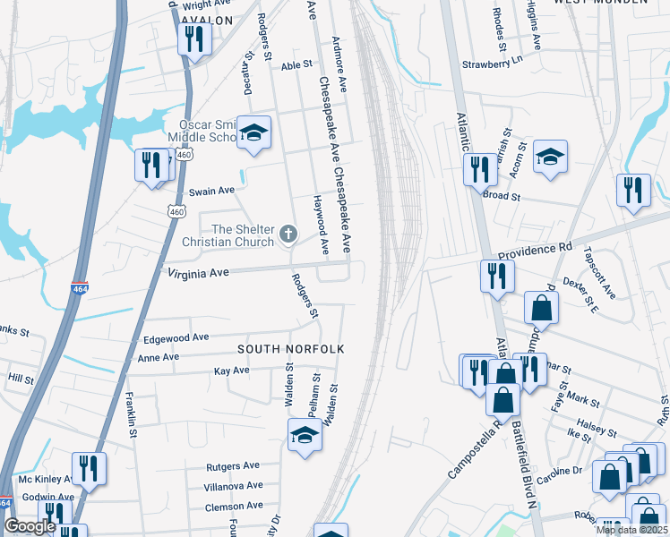 map of restaurants, bars, coffee shops, grocery stores, and more near 1310 Virginia Avenue in Chesapeake