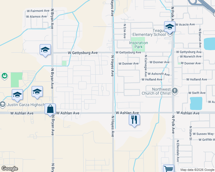 map of restaurants, bars, coffee shops, grocery stores, and more near 4191 North Hayes Avenue in Fresno