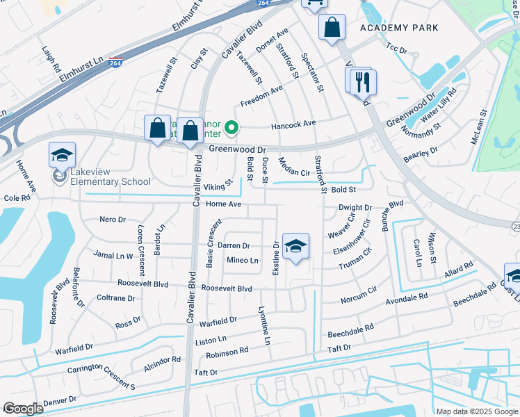 map of restaurants, bars, coffee shops, grocery stores, and more near 907 Horne Avenue in Portsmouth