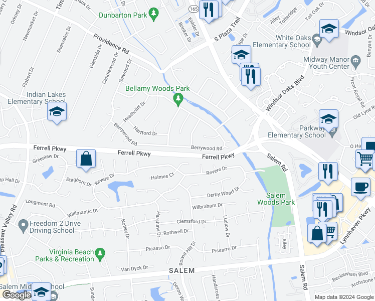 map of restaurants, bars, coffee shops, grocery stores, and more near 4744 Berrywood Road in Virginia Beach