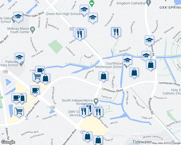 map of restaurants, bars, coffee shops, grocery stores, and more near 1372 Riverside Drive in Virginia Beach