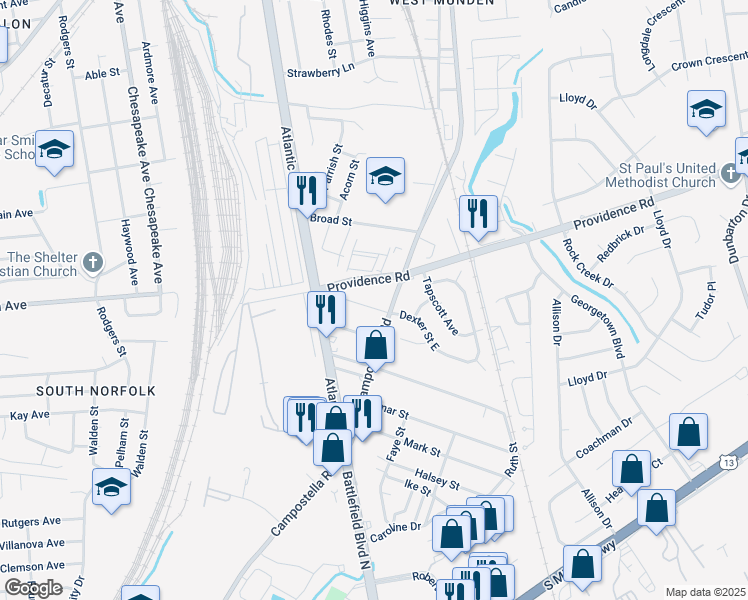map of restaurants, bars, coffee shops, grocery stores, and more near 2202 Campostella Road in Chesapeake