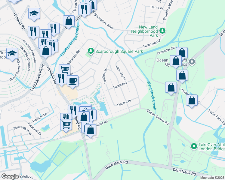 map of restaurants, bars, coffee shops, grocery stores, and more near 1308 Canary Drive in Virginia Beach