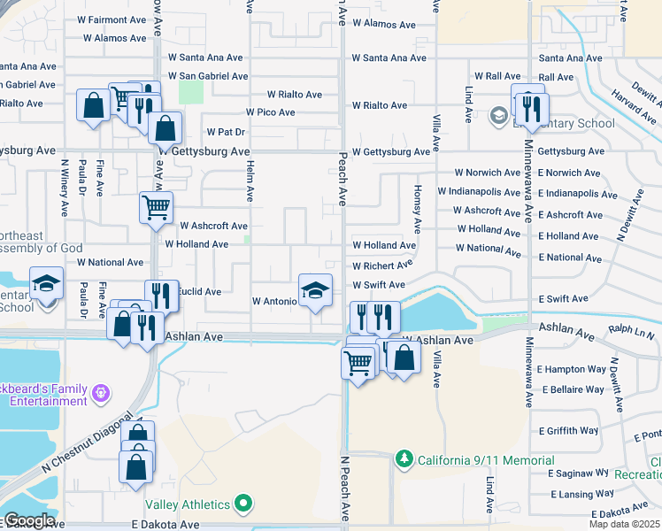 map of restaurants, bars, coffee shops, grocery stores, and more near 3059 Terry Avenue in Clovis