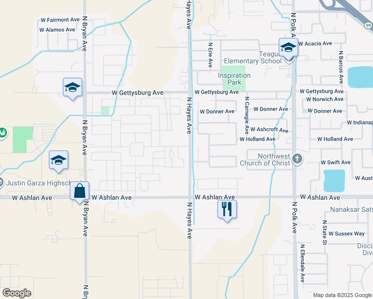 map of restaurants, bars, coffee shops, grocery stores, and more near 4217 North Bain Avenue in Fresno