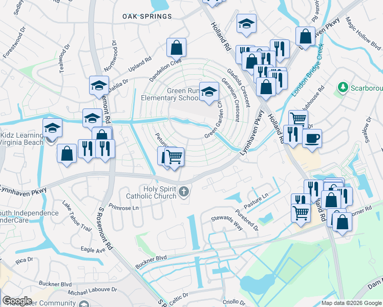 map of restaurants, bars, coffee shops, grocery stores, and more near 3443 Petunia Crescent in Virginia Beach