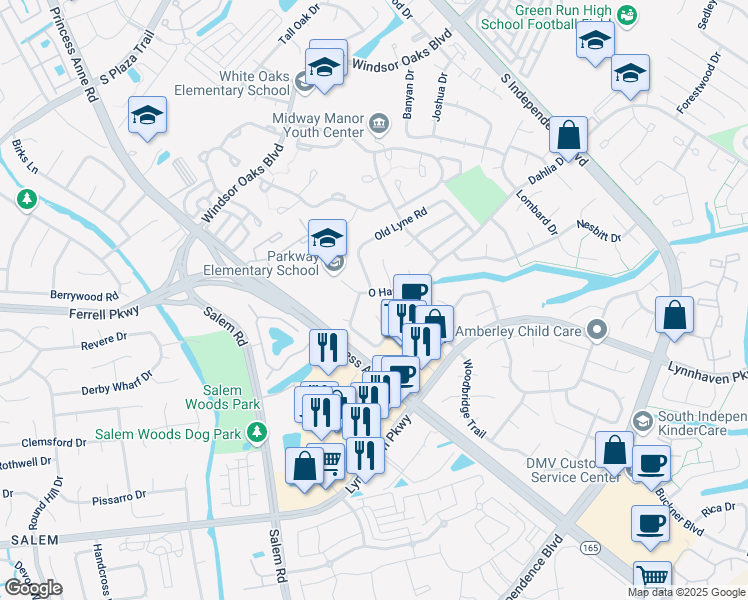 map of restaurants, bars, coffee shops, grocery stores, and more near 1310 Pershing Court in Virginia Beach