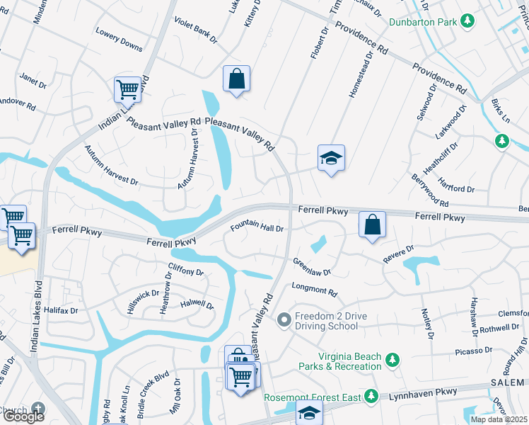 map of restaurants, bars, coffee shops, grocery stores, and more near 1325 Fairlight Court in Virginia Beach