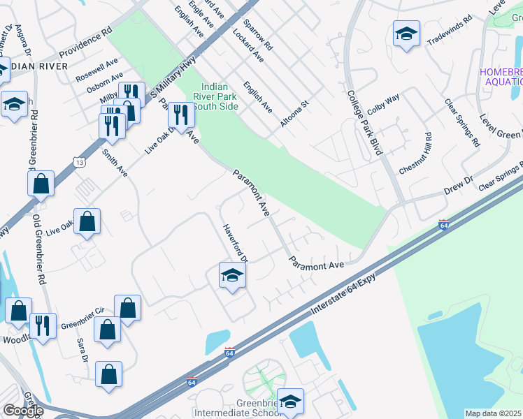 map of restaurants, bars, coffee shops, grocery stores, and more near 916 Hastings Court in Chesapeake