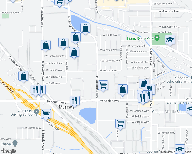 map of restaurants, bars, coffee shops, grocery stores, and more near 4139 North Valentine Avenue in Fresno