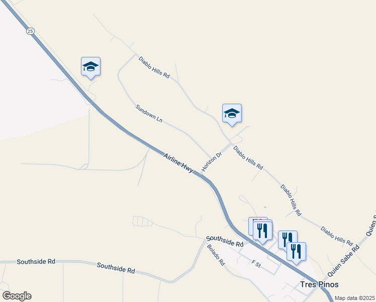 map of restaurants, bars, coffee shops, grocery stores, and more near 5636 Sundown Lane in Tres Pinos
